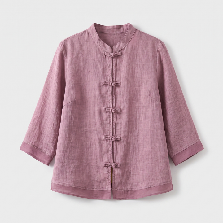 Comfortable & elegant women's blouse, mandarin collar, frog buttons for stylish daily wear.
