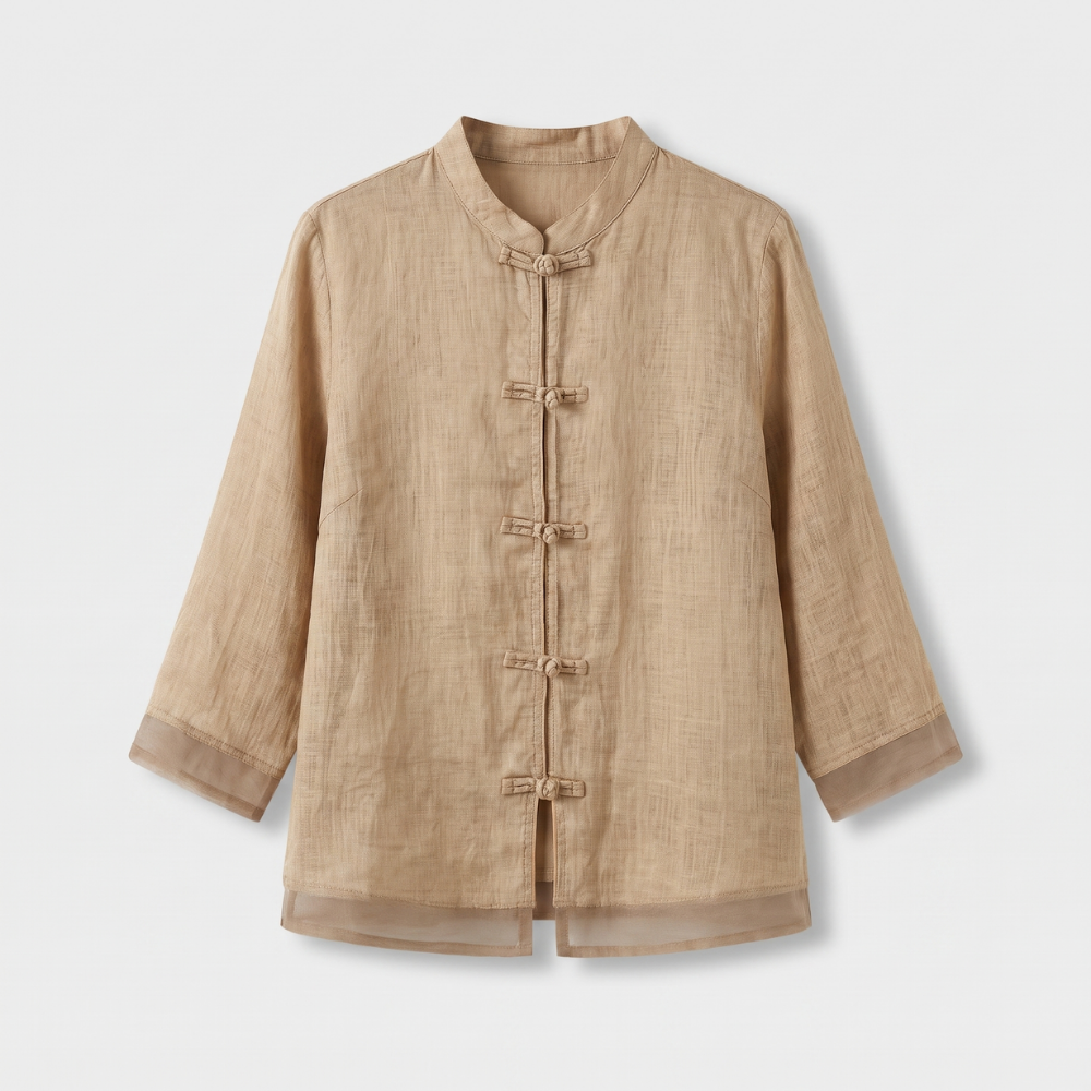 Stylish women's blouse, mandarin collar, frog buttons, perfect for summer and casual events.
