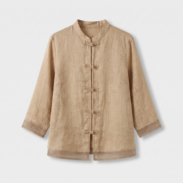 Stylish women's blouse, mandarin collar, frog buttons, perfect for summer and casual events.
