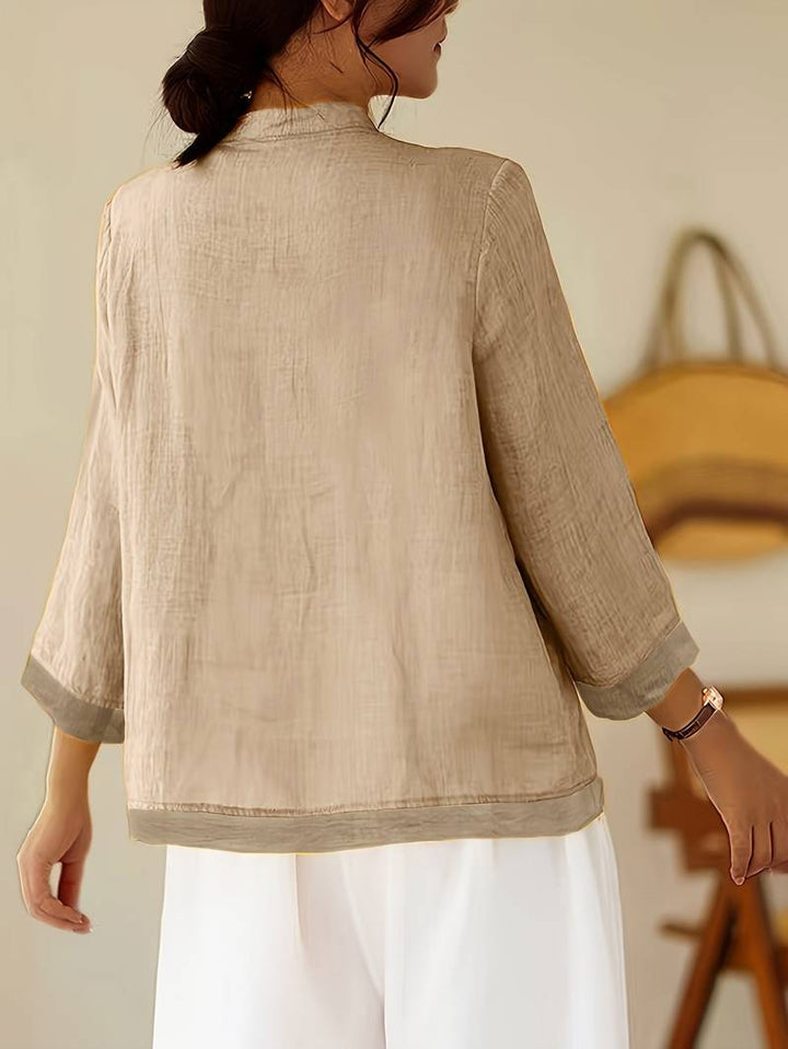 Classic yet trendy women's mandarin collar blouse, frog buttons, 3/4 sleeves, elegant.