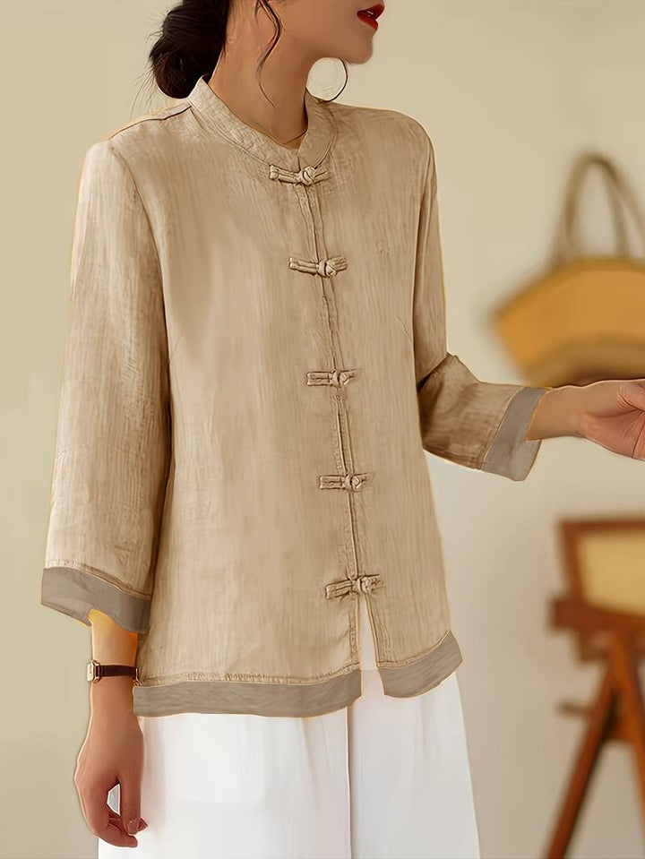 Women's mandarin collar frog button shirt, tailored for elegant casual wear, summer style.