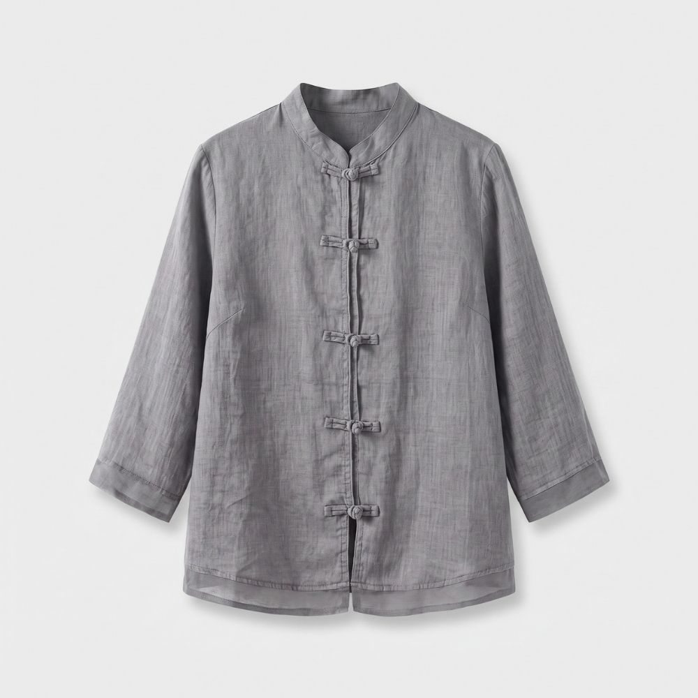Chic women's summer top, mandarin collar, frog buttons, 3/4 sleeves, casual elegance.