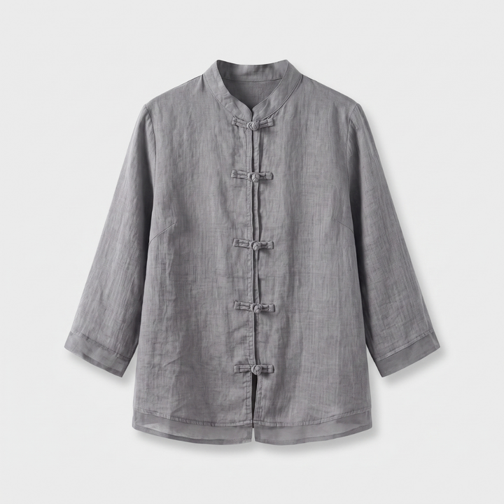 Chic women's summer top, mandarin collar, frog buttons, 3/4 sleeves, casual elegance.