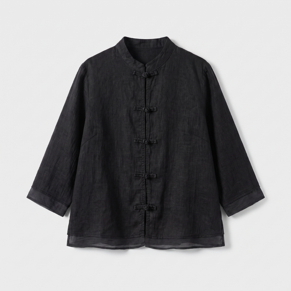 Women's Mandarin Collar Frog Button Blouse – Casual Elegance for versatile styling.
