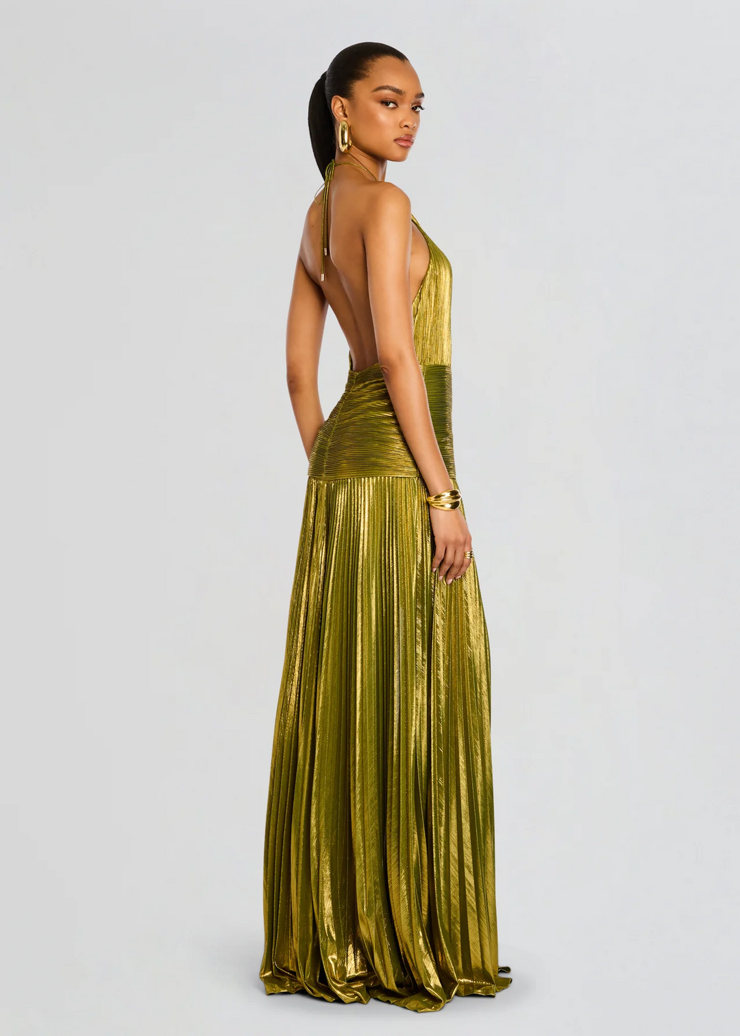 Stunning green metallic halter neck maxi gown for women, a formal choice for wedding guests & evening parties.