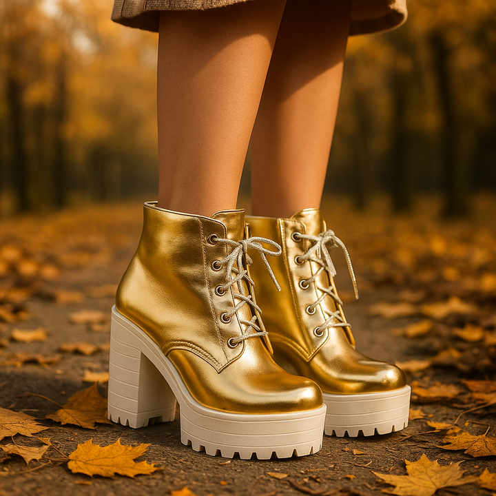 Model wearing women's metallic lace-up platform boots, showcasing full length and statement style.