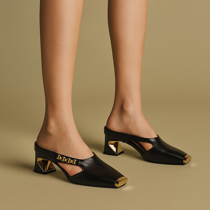 Side view of women's metallic toe block heel pumps, perfect for parties