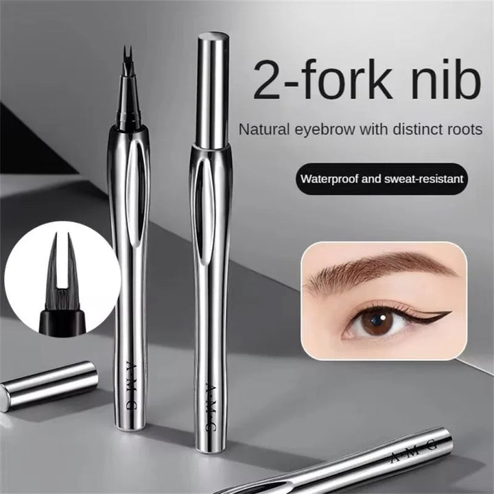 Hand holding a black micro-fork tip liquid eyebrow pencil, essential for long-lasting, natural-looking brows.