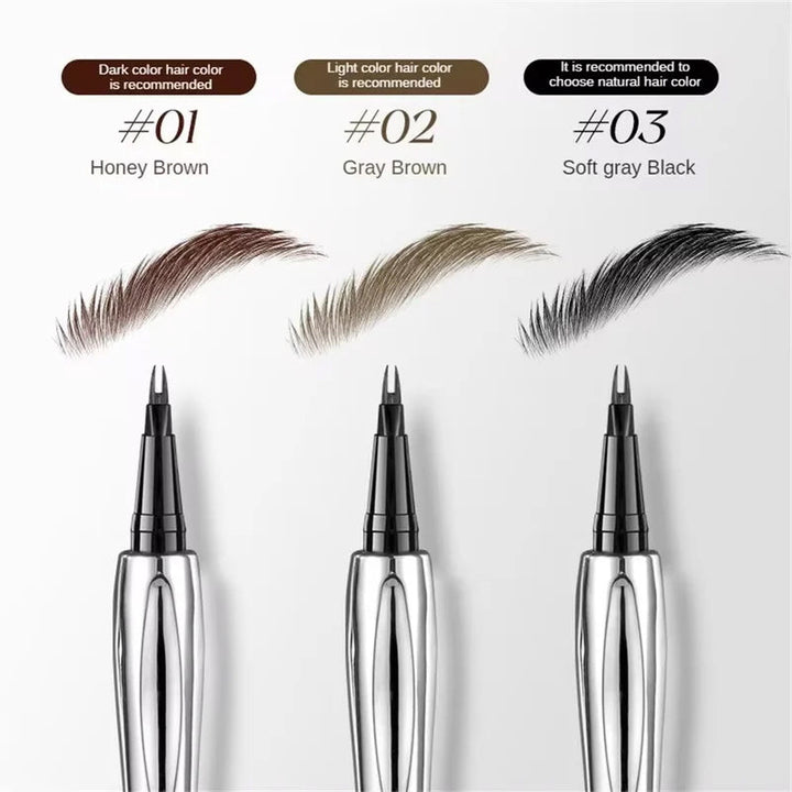 Swatch of micro-fork tip liquid eyebrow pencil showing various shades for waterproof, defined eyebrows.