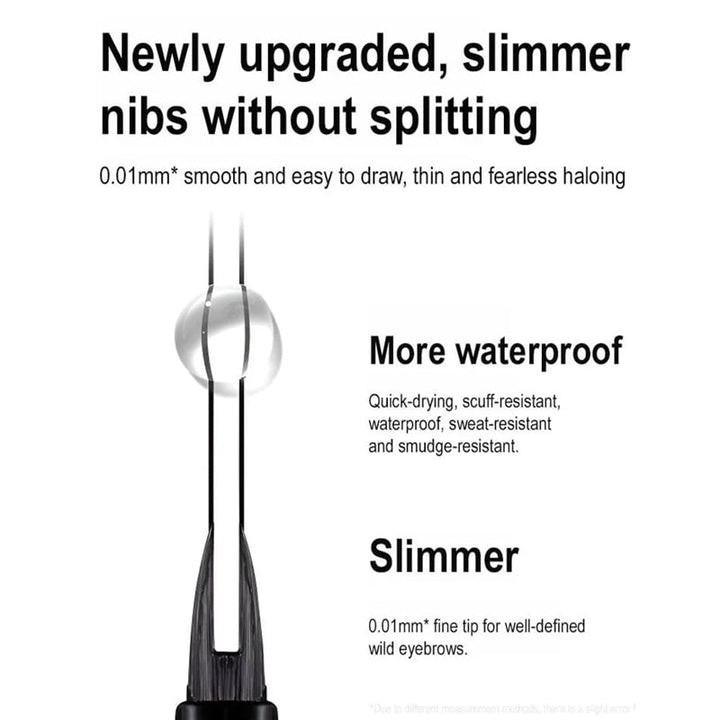 Angled view of the micro-fork tip on a liquid eyebrow pencil, designed for precision and natural hair strokes.