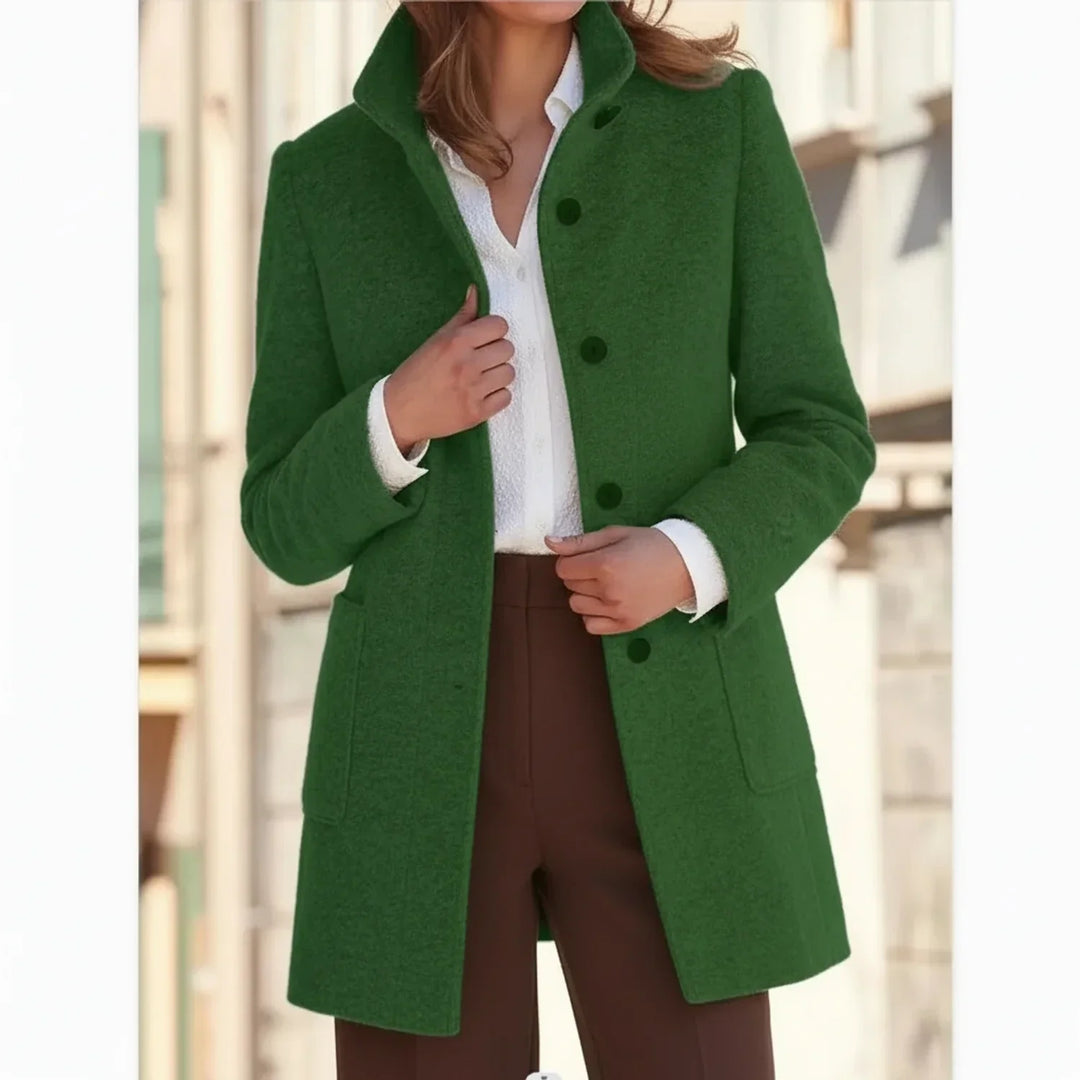 Elegant women's mid-length fall winter coat. Cozy, warm button-front outerwear for versatile fashion.