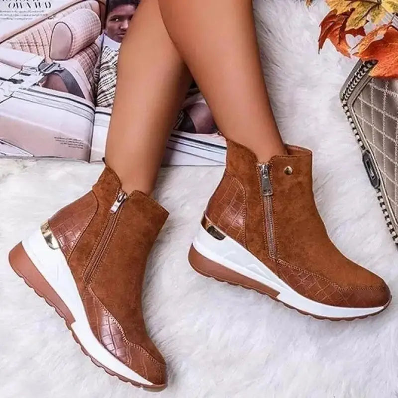 Profile view of women's comfort mid-top shoe, shock-absorbing sole for orthopedic support