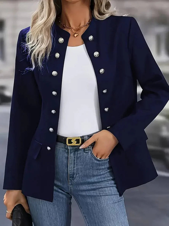 Women's military style button-down blouse with long sleeves, perfect for a chic, professional look.