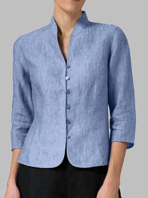 Women's minimalist button-front blouse in relaxed fit, perfect for casual chic or smart office wear.