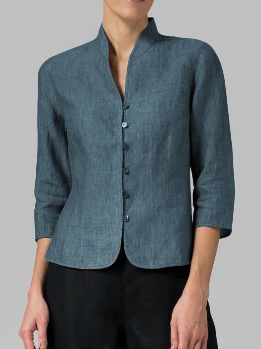 Versatile women's button-front blouse with 3/4 sleeves, minimalist style for modern fashion.