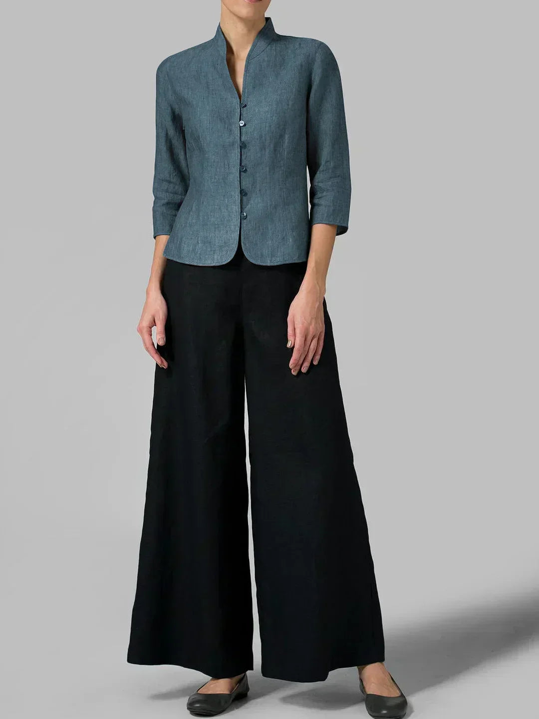 Relaxed fit women's blouse, button front, 3/4 sleeve, a versatile minimalist top for women.