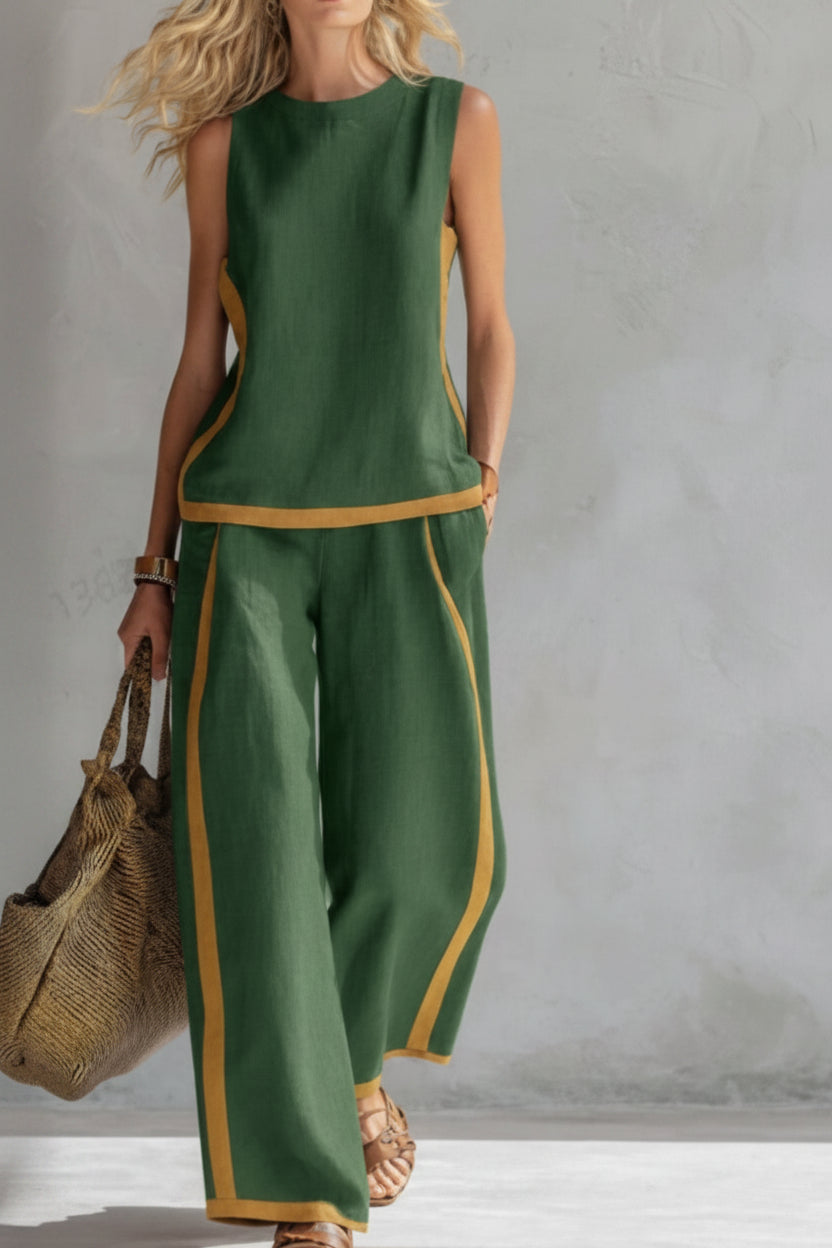 Stylish women's minimalist top & bottom set for casual commutes. Comfortable two-piece outfit for everyday wear.