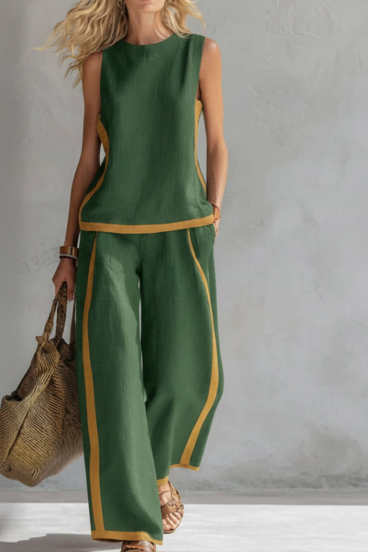 Stylish women's minimalist top & bottom set for casual commutes. Comfortable two-piece outfit for everyday wear.
