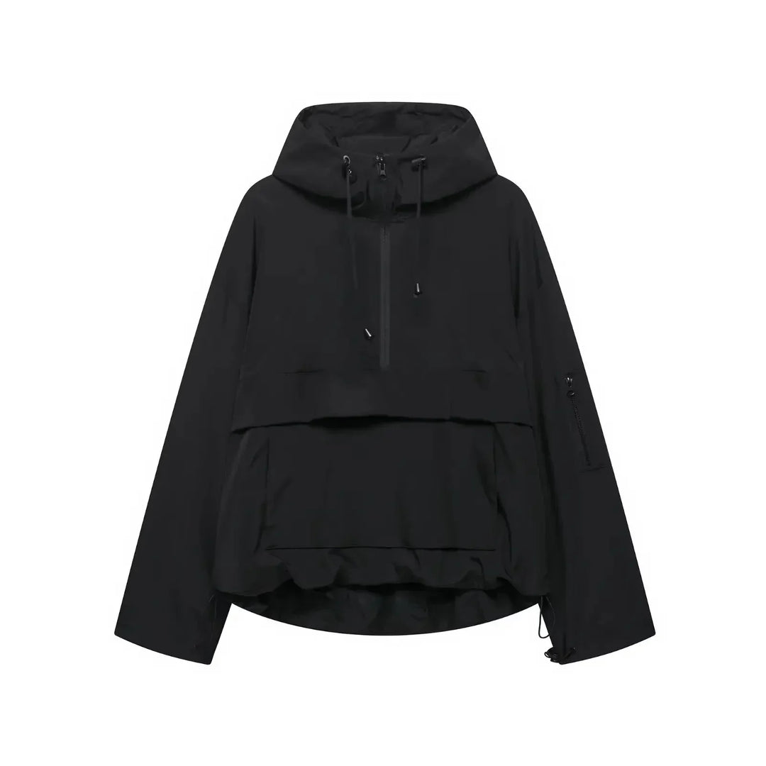 Stylish women's hooded jacket for winter, designed for skiing and snow, featuring a clean, minimalist look.