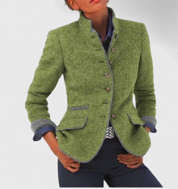 Elegant women's modern stand-collar single-breasted blazer, ideal for a contemporary professional look.