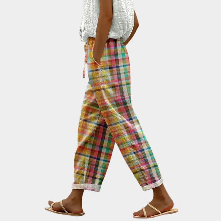 Women's multicolor plaid casual pants with drawstring waist, relaxed fit, perfect for summer comfort & style.
