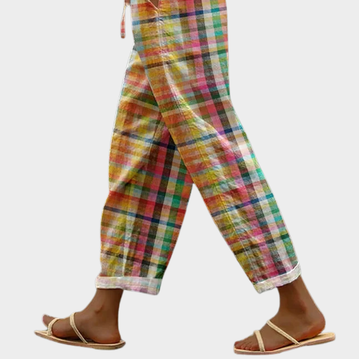 Multicolor checkered women's casual pants. Relaxed fit, drawstring waist offers comfortable, breathable summer wear.