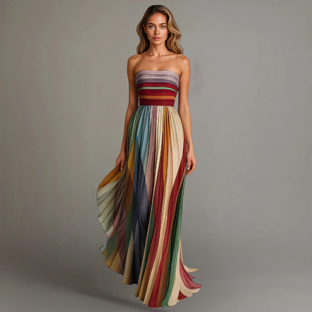 Women's multicolor strapless colorblock pleated maxi dress for elegant evening wear & special occasions.