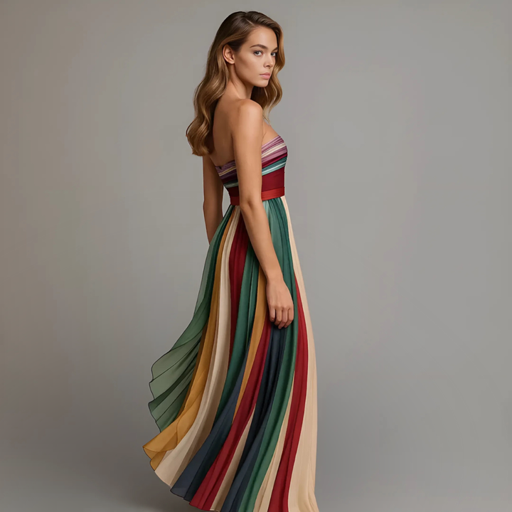 Stunning multicolor strapless maxi dress with colorblock pleats, ideal for women's party and formal wear.