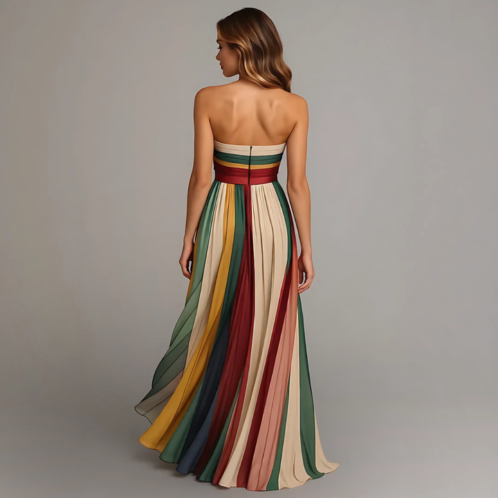 Flowy pleated maxi dress for women featuring a vibrant multicolor colorblock design & strapless neckline.
