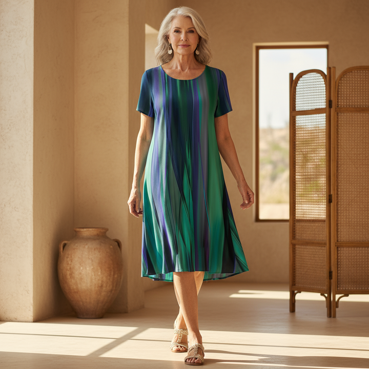 Women's multicolored striped relaxed swing dress, perfect for casual summer fashion & comfortable wear.