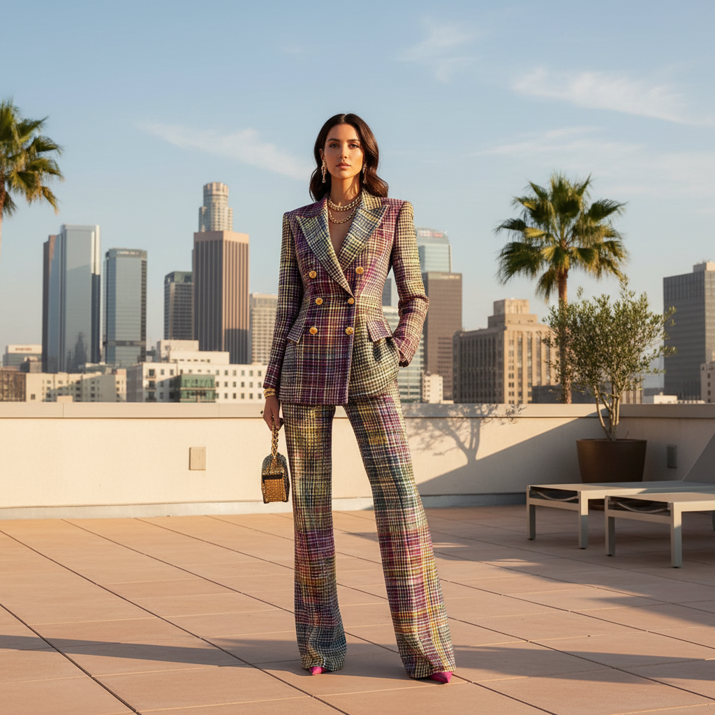 Women's multicolour plaid two-piece set featuring a double-breasted blazer & wide-leg trousers. Elegant power suit.