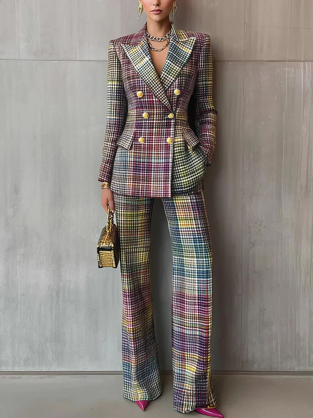 Fashion-forward women's multicolour plaid blazer & wide-leg pant set. Stylish business casual two-piece outfit.