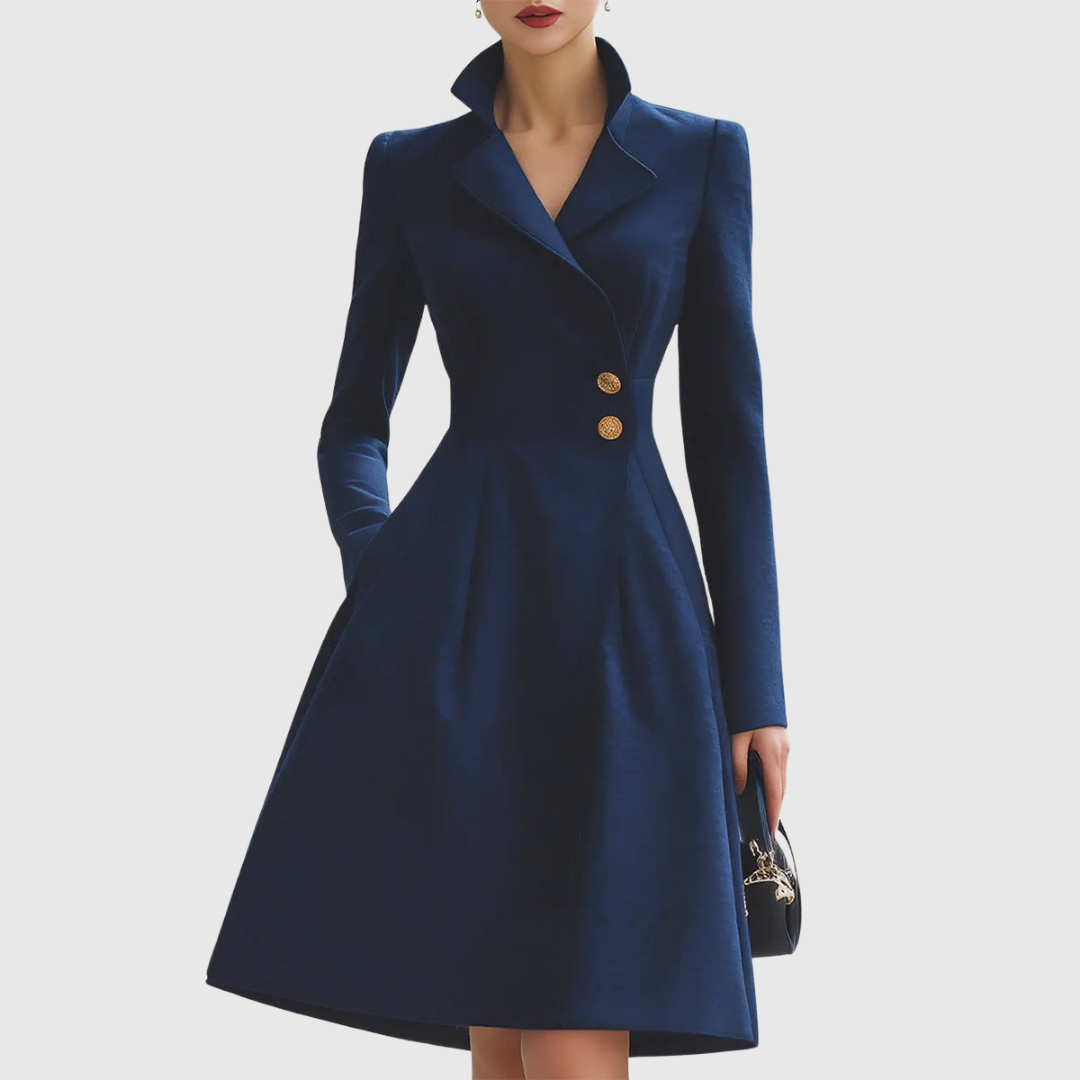 Women's navy tailored fit midi coat dress with long sleeves, an elegant choice for work or formal occasions.