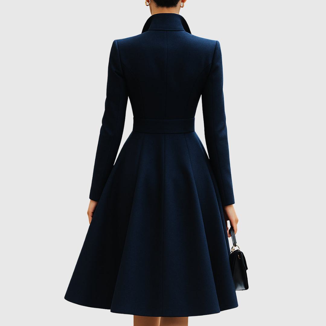 Sophisticated women's navy long-sleeve midi coat dress, tailored for a flattering fit, ideal for formal wear.