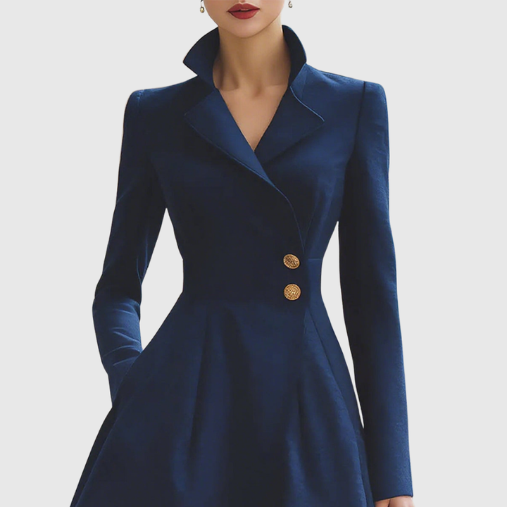 Elegant navy tailored midi coat dress for women, featuring a classic A-line design and long sleeves for occasions.