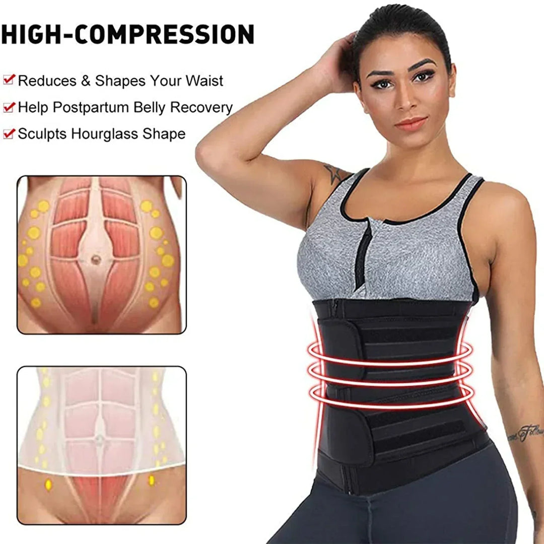 Adjustable women's fitness belt & body shaper for workout, enhancing sweat & providing core support.