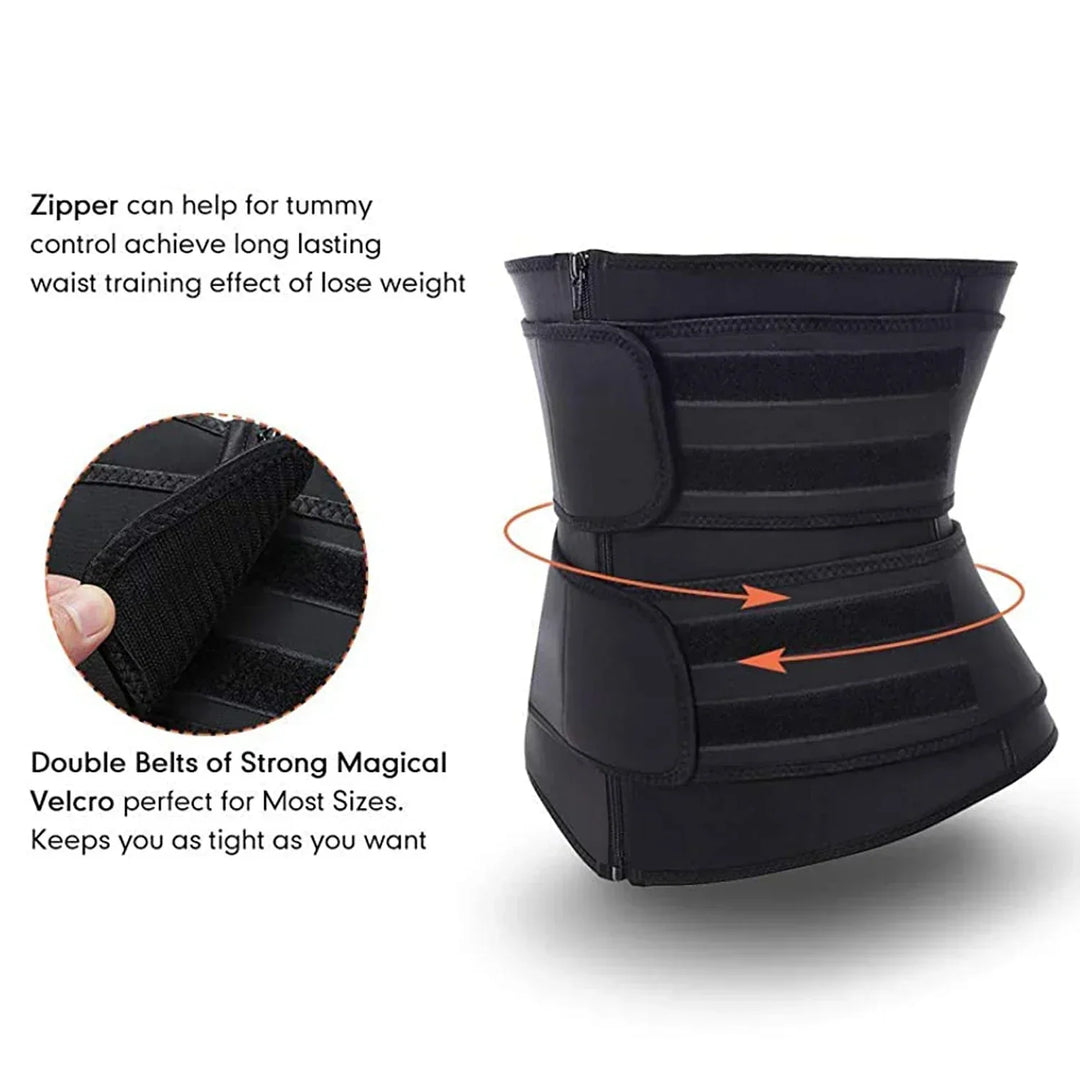 SweatPro Neoprene waist trainer for women, promoting sweat & offering core support during intense workouts.