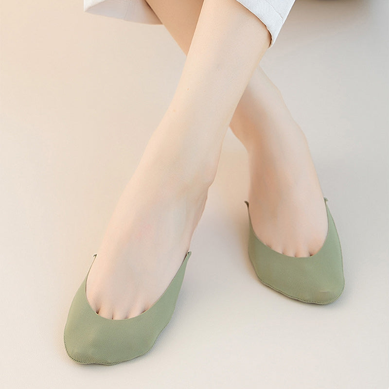 Collection of women's no-show toe topper slingback socks in neutral tones