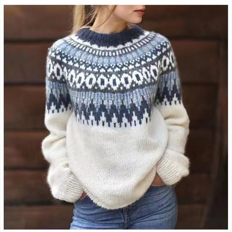 Women's winter apparel: a stylish blue and grey Nordic pattern long sleeve sweater