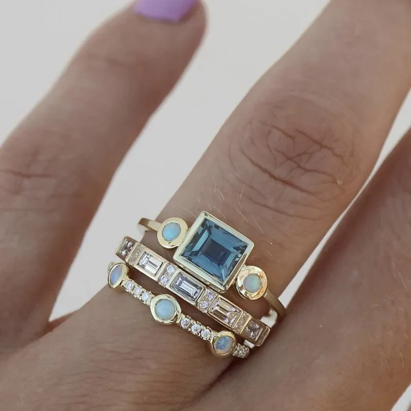 Women's Ocean Wave Blue Crystal Ring Set, vintage style, for everyday glam and fashion statement.