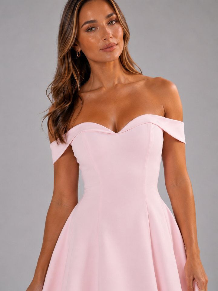 White off-shoulder A-line mini dress, sweetheart neckline, an elegant choice for parties.