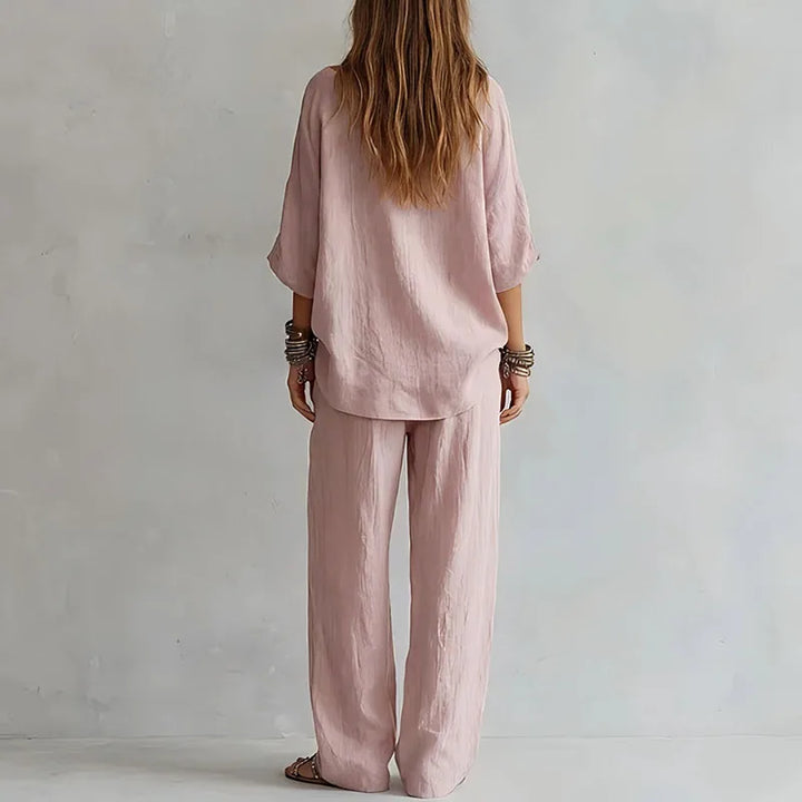 Comfortable women's off-shoulder two-piece loungewear set with wide leg pants for relaxed summer style.