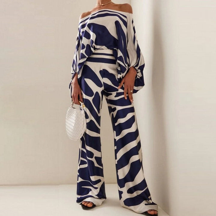Fashionable women's off-shoulder summer two-piece set with a unique print and relaxed fit.
