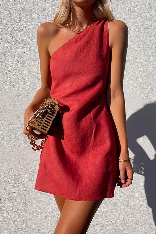 Women's one-shoulder draped mini dress, sleeveless & chic, perfect for summer casual or party wear.