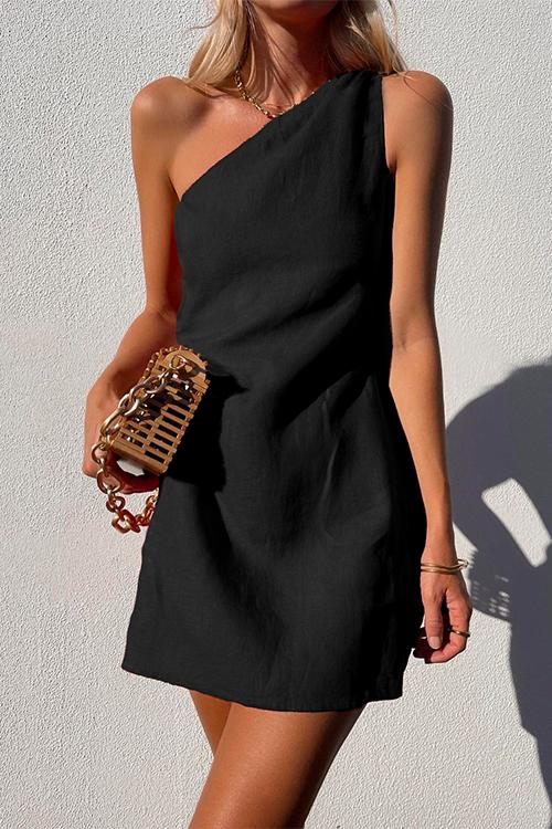 Elegant women's one-shoulder mini dress, draped design. Ideal casual, party, or vacation summer attire.