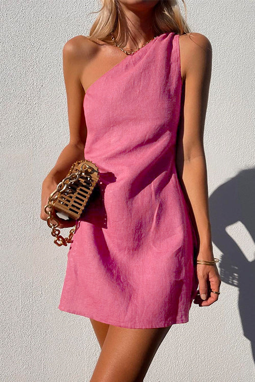 Chic women's one-shoulder draped sleeveless mini dress. Versatile for casual, summer, party & vacation.