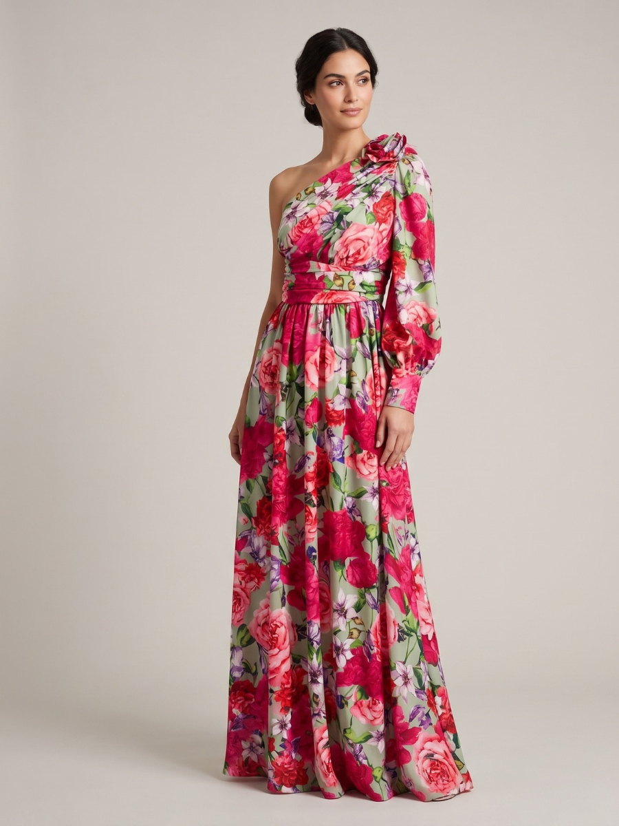 Women's one-shoulder floral print maxi dress with elegant slit, perfect for summer parties & wedding guests.