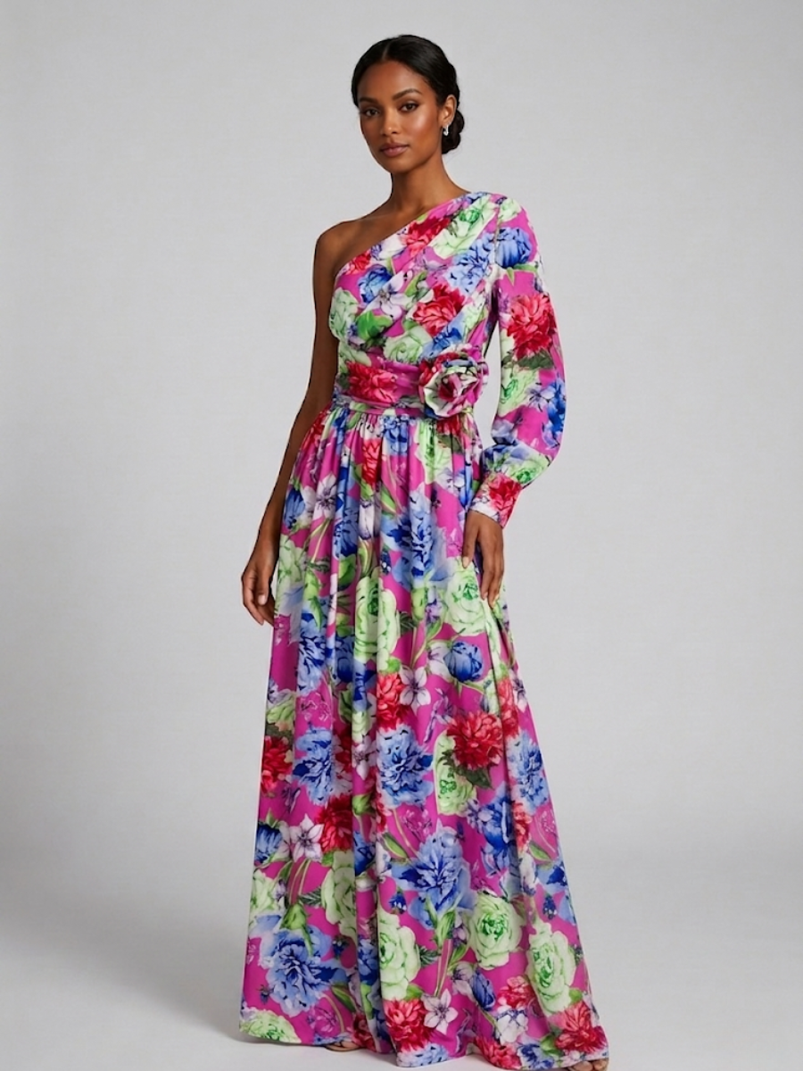 Stylish women's one-shoulder floral maxi dress featuring a chic puff sleeve and front slit design.