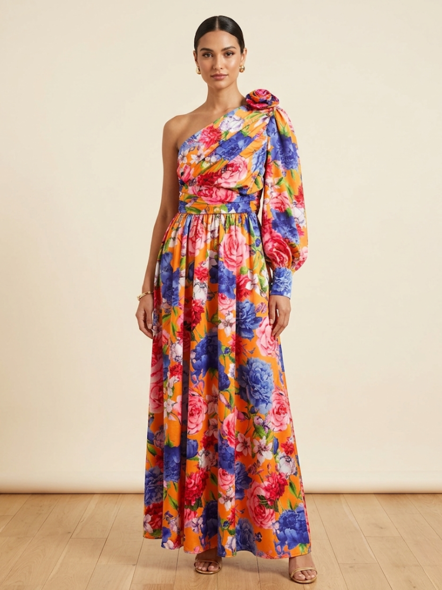 Vibrant floral one-shoulder maxi dress for women, featuring a stylish slit, suitable for spring and summer.
