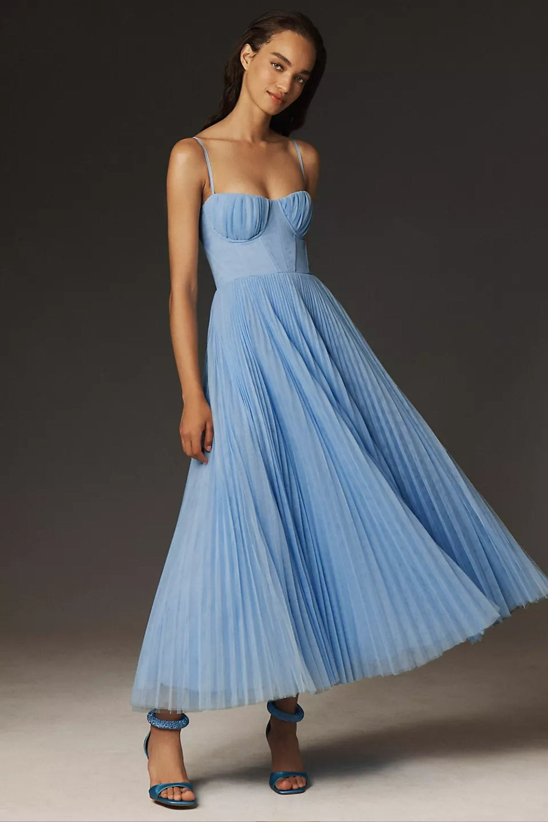 Elegant women's one-shoulder pleated tulle midi dress. Ideal as a wedding guest, party, or cocktail dress.